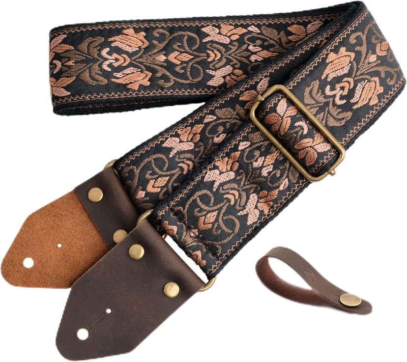 Nefelibata Guitar Strap,Jacquard Embroidery Cotton Guitar Straps with Crazy Horse Leather Ends for Bass, Electric & Acoustic, Best Gifts for Kids, Guitarists(Embroidered Gold Flower)
