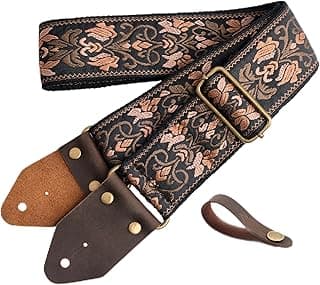 Nefelibata Guitar Strap,Jacquard Embroidery Cotton Guitar Straps with Crazy Horse Leather Ends for Bass, Electric & Acoustic, Best Gifts for Kids, Guitarists(Embroidered Gold Flower)