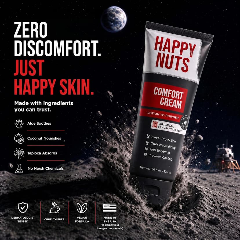 HAPPY NUTS Comfort Cream Deodorant For Men: Anti-Chafing Sweat Defense, Odor Control, Aluminum-Free Mens Deodorant & Travel Essential for Men's Private Parts 3.4 fl oz (Original)