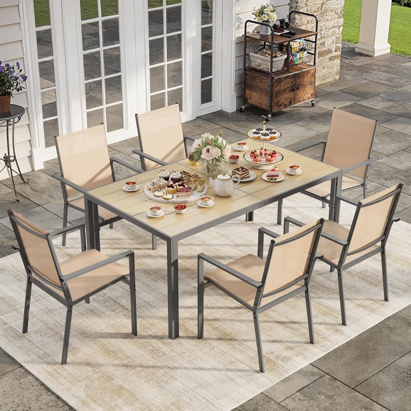 Ahomly Patio Table and Chairs Set for 6, Outdoor Dining Set Includes 59.5" Rectangle Patio Table with Side Umbrella Hole and 6 Textilene Fabric Patio Chairs for Backyard, Courtyard, Poolside, Brown