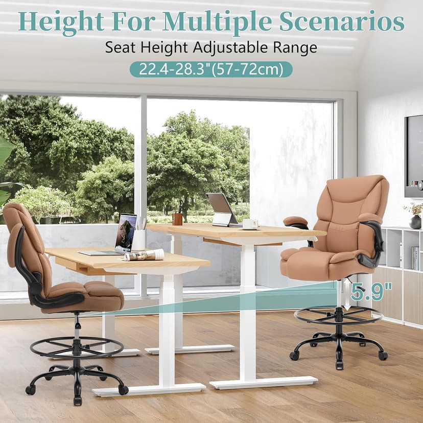 Ergonomic Drafting Chair, Tall Office Chair for Standing Desk, High Back Standing Desk Chair with Flip-Up Armrest, Adjustable Height&Foot Ring, Executive PU Leather Extended Height Office Chairs,Brown