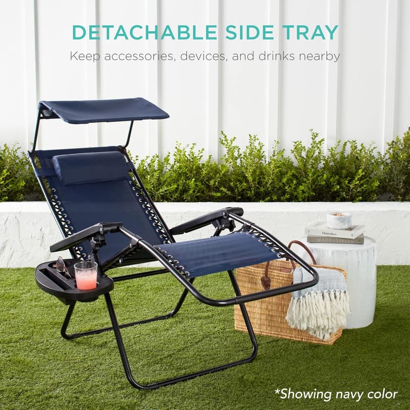 Best Choice Products Folding Zero Gravity Outdoor Recliner Patio Lounge Chair w/Adjustable Canopy Shade, Headrest, Side Accessory Tray, Textilene Mesh - Ice Gray