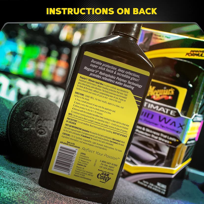 Meguiar's Ultimate Liquid Wax, Improved Liquid Car Wax Formula for Durable Protection that Shines, Premium Towel and Applicator Pad Car Accessories Included, 16 Oz Bottle