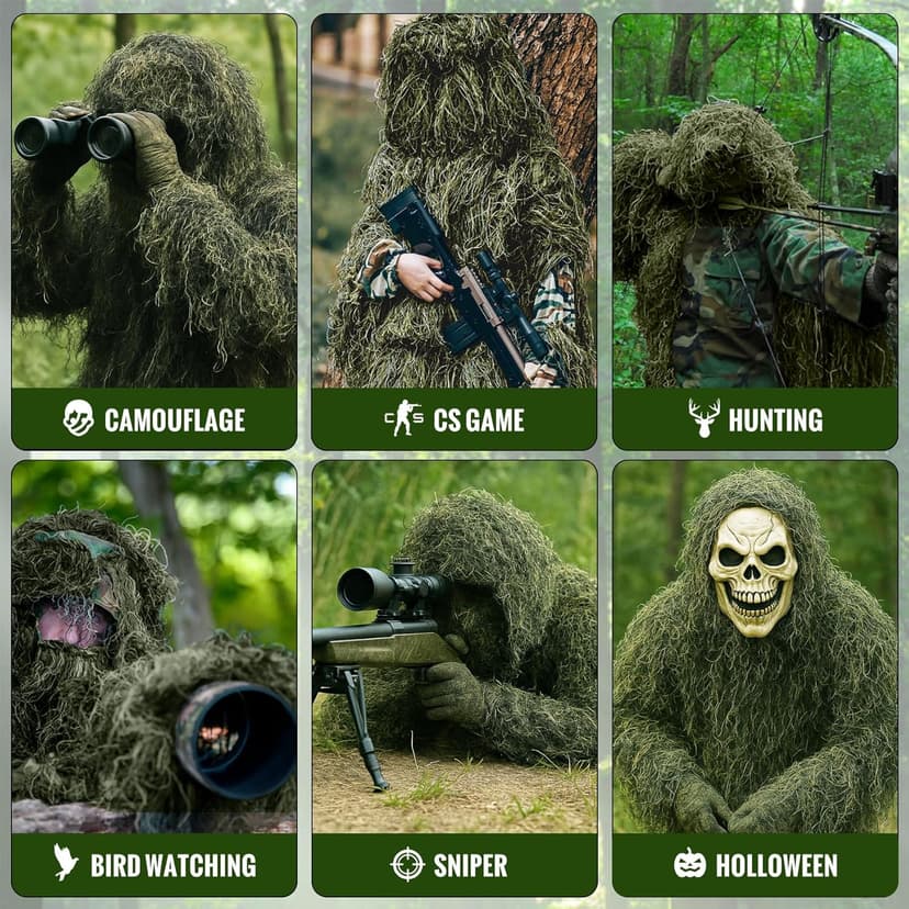 Seeutek 5 in 1 Ghillie Suit - 3D Camouflage Hunting Suits - Jacket, Pants, Hood, Carry Bag for Adults & Youth, M/L/XL/XXL