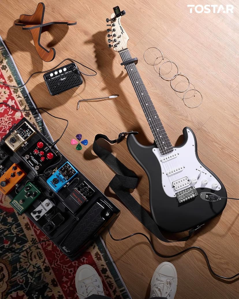 Tostar Beginner Electric Guitar, Solid Body, 39" Full Size Strat Style with HSS Pickups, 5-Way Switch, Tremolo Bridge, Maple Neck & Tectona Fretboard, Ideal for Beginners and Gifting, Black
