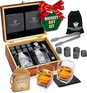 Whiskey Stones Gift Set by Royal Reserve, Artisan Crafted Scotch Bourbon Glasses, Chilling Rocks, Coasters and Tongs – Whiskey Gifts for Men Dad Boyfriend Anniversary or Retirement