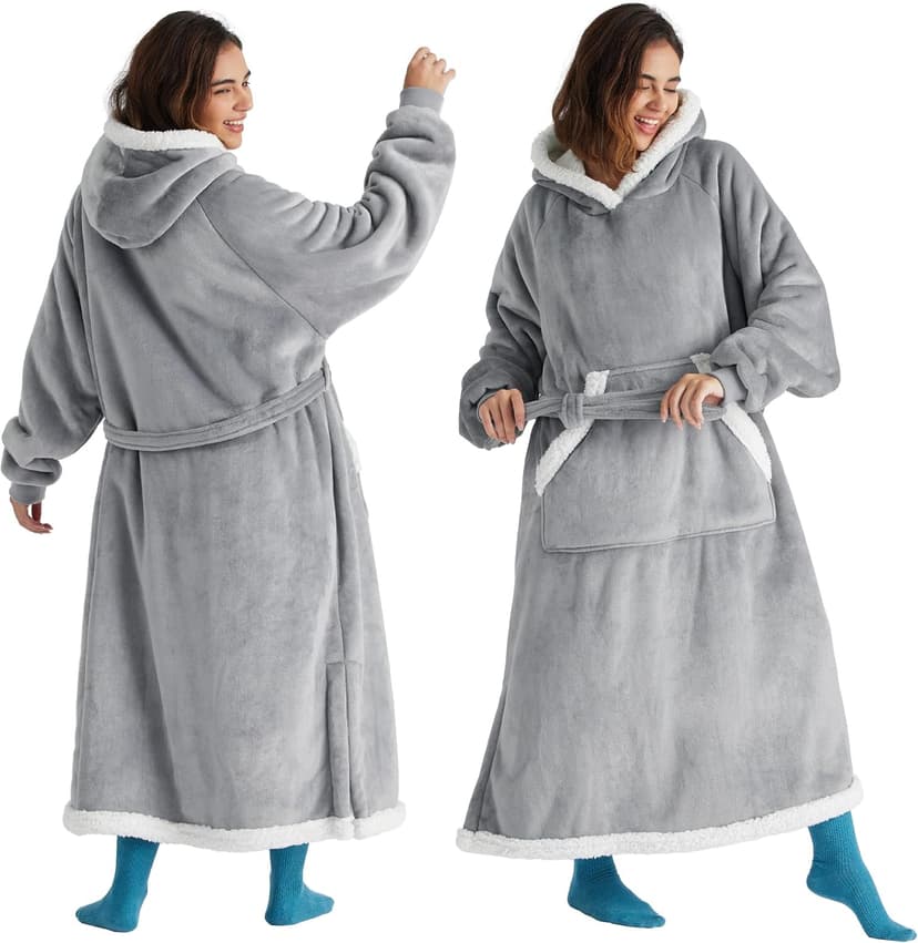 Bedsure Wearable Blanket Hoodie, Long Hooded Blanket Sweatshirt as Birthday Gifts for Women, Cozy Sherpa Hoodie for Adult, Standard, Grey