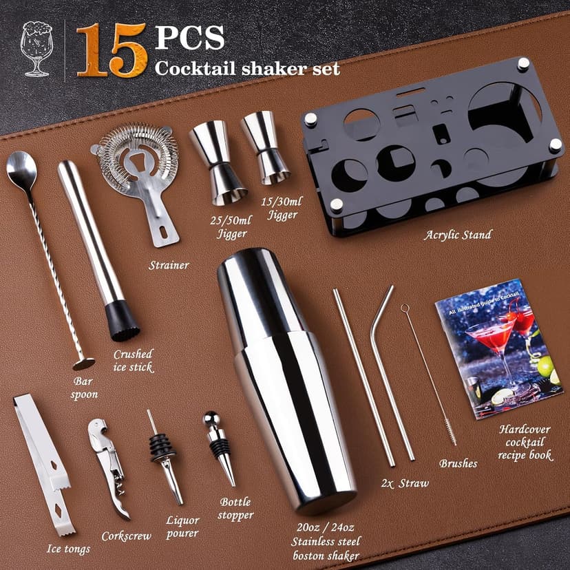 Bar Sets All Practical Bars Accessories, 18/8 Stainless Steel, for Drink Mixing, Bar, Home, Lounge & Party, Gift, Silver Wukuna Cocktail Shaker Bartender Kit, 15 Pcs Bar Tool with Acrylic Stand B0CH9K479X