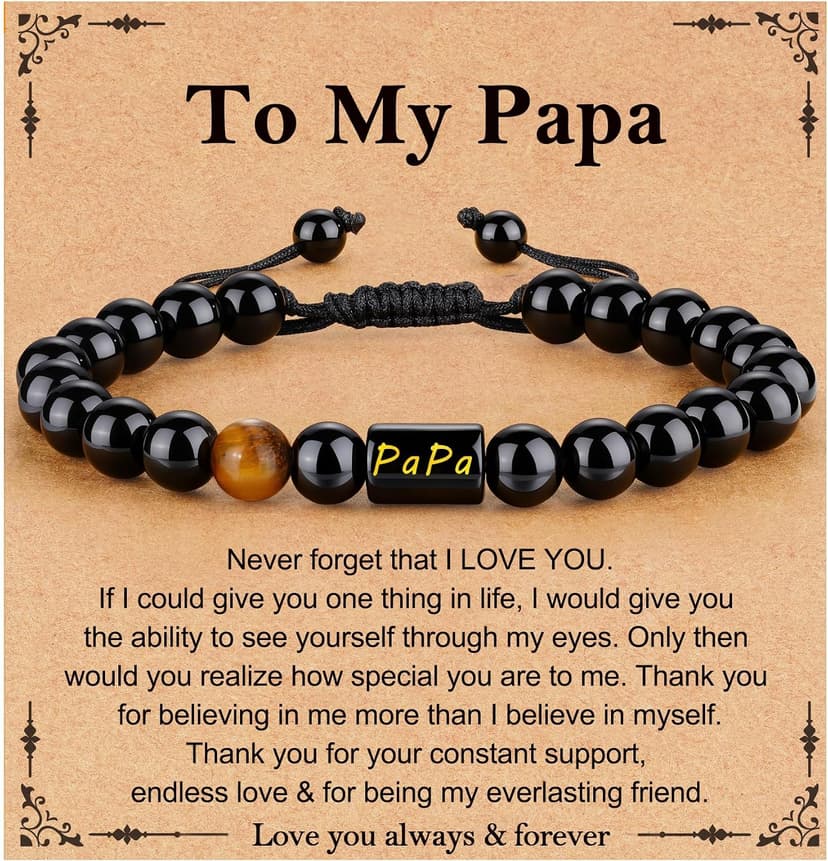 Gifts for Papa Dad New Dad Grandpa, Handmade Braided Rope Bracelet Natural Black Onyx Black Obsidian Tiger Eye Stone Beads Fathers Day Birthday Jewelry Gifts for Men B0H28WK6TZ