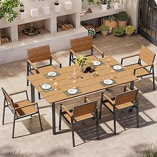 Outdoor Dining Set, Patio Table and Chairs Set with Umbrella Hole, 7 Pieces HDPS + Aluminum Patio Dining Furniture Set for Backyard, Garden (Gray & Teak)