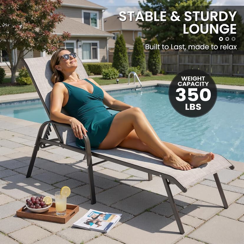 Crestlive Products Outdoor Chaise Lounge Chair,5-Position Pool Lounge Chairs with Armrests Sunbathing Recliner for Patio, Beach, Deck, Yard (2PC Beige)