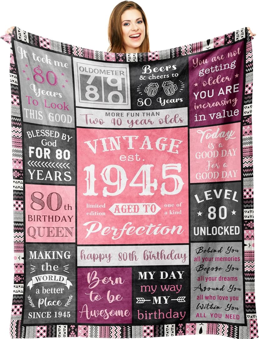 Ryubein 80th Birthday Gifts for Women, 80th Birthday Decorations for Women, 80 Year Old Birthday Gifts for Woman, Best Gifts for 80th Birthday, 1945 80th Birthday Blanket 50" X 60"