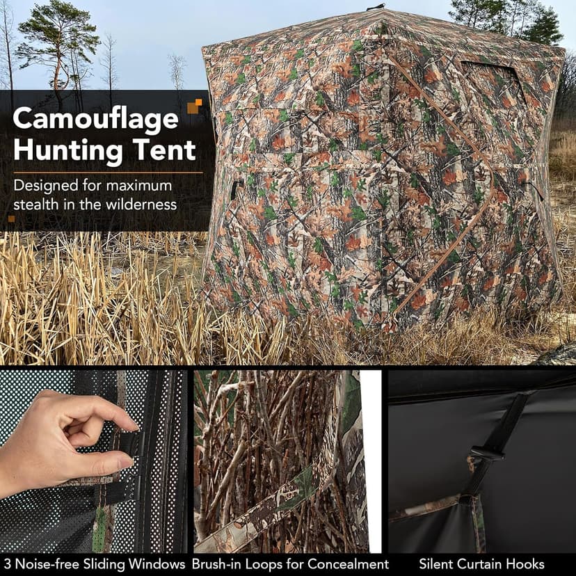 Tangkula Extra Tall 3-4 Person Hunting Blind, 270 Degree See Through Ground Blind with Silent Slide Windows, Zippered Door, Carry Bag, Pop Up Deer Blind for Turkey Hunting, Camouflage