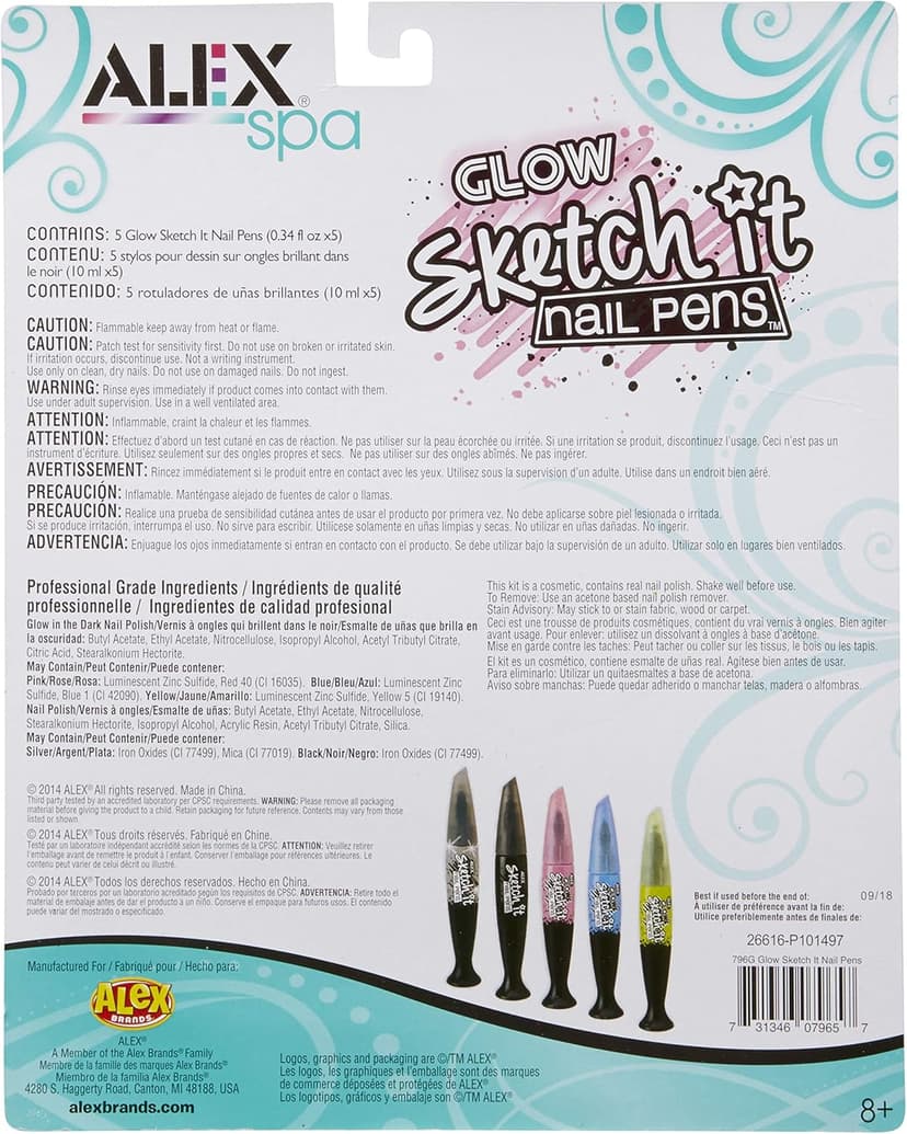 Alex Spa Glow Sketch It Nail Pens Girls Fashion Activity, Nail Designs that Can Glow in the Dark, Create Long Lasting Looks with Beautiful Nail Polish , For Ages 8 and up