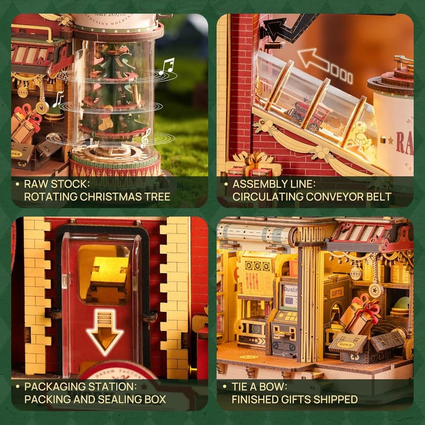 ROKR 3D Puzzle for Adults Christmas Style Dream Gift Factory Wooden Model Kit Luminous Factory DIY Dollhouse Kit Building with Music, Lights and 5 Elves for Teens & Kids