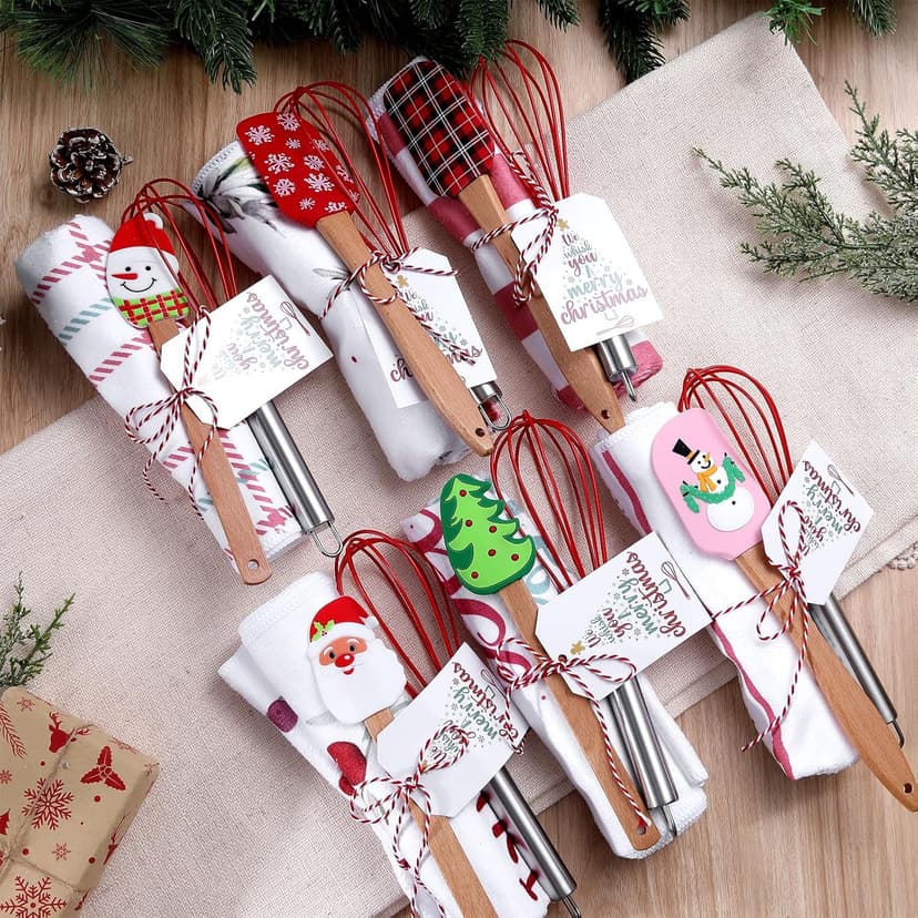 Mimorou 6 Sets Christmas Whisks Kitchen Gifts Stainless Steel Whisks Silicone Spatulas Towels Greeting Cards Rope for Neighbor Employee Baking Gift Xmas Cooking Supplies
