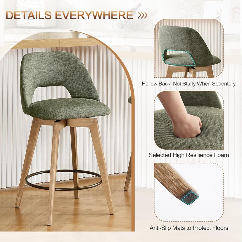 Zesthouse Swivel Farmhouse Bar Stools Set of 4, 26" Modern Counter Stools with Open Back & Natural Wood Legs, Upholstered Linen Fabric Counter Height Barstools, High Chairs for Island Kitchen, Green
