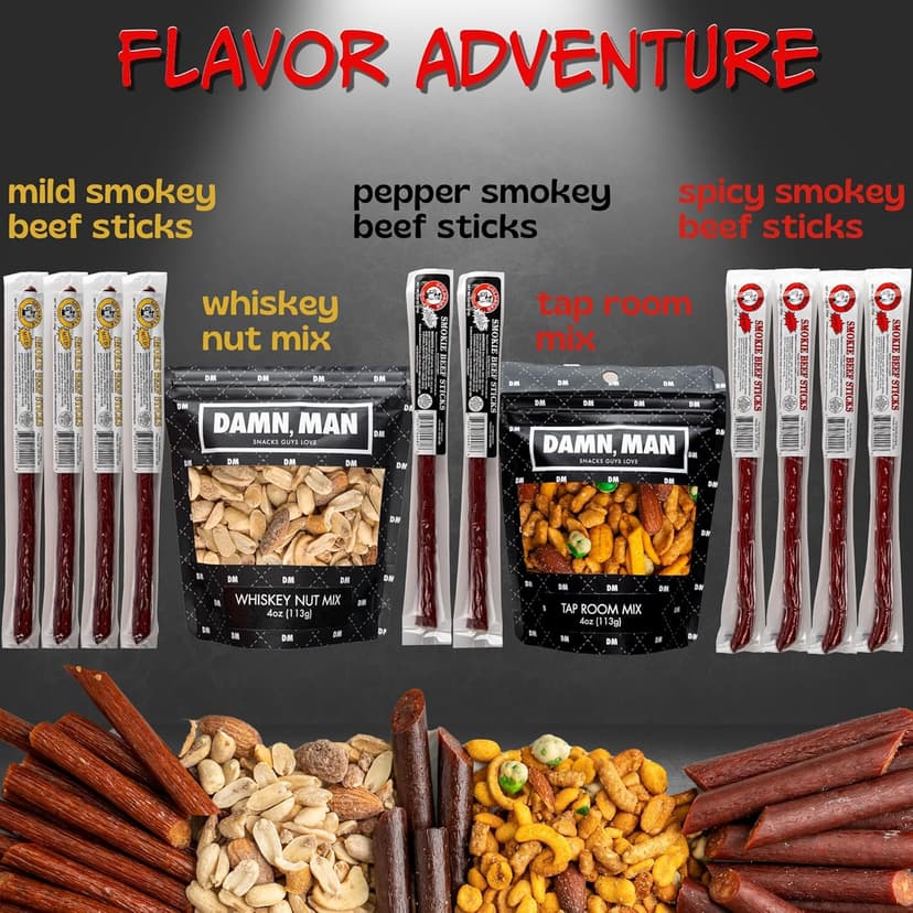 Beef Jerky Gift Basket for Men with Nuts - 12pc Meat Snack Food Variety Box, Unique Food Gift Idea for Birthday, for Husband, Family, Care Package for Guys, Adults