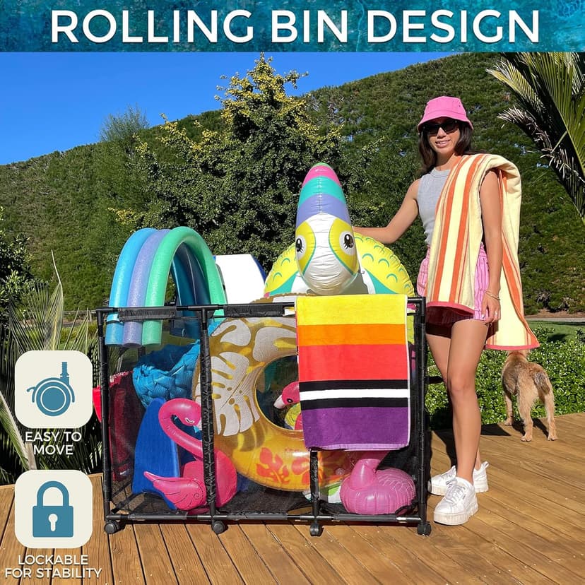 Pool Float Storage Organizer for Pool Noodles Floats Inflatables Towels - Ultimate Outdoor Pool Toy Storage Bin - XXL Black HDuty Metal - Pool Float Holder - Pool Storage Bin For Easy Poolside Cleanup