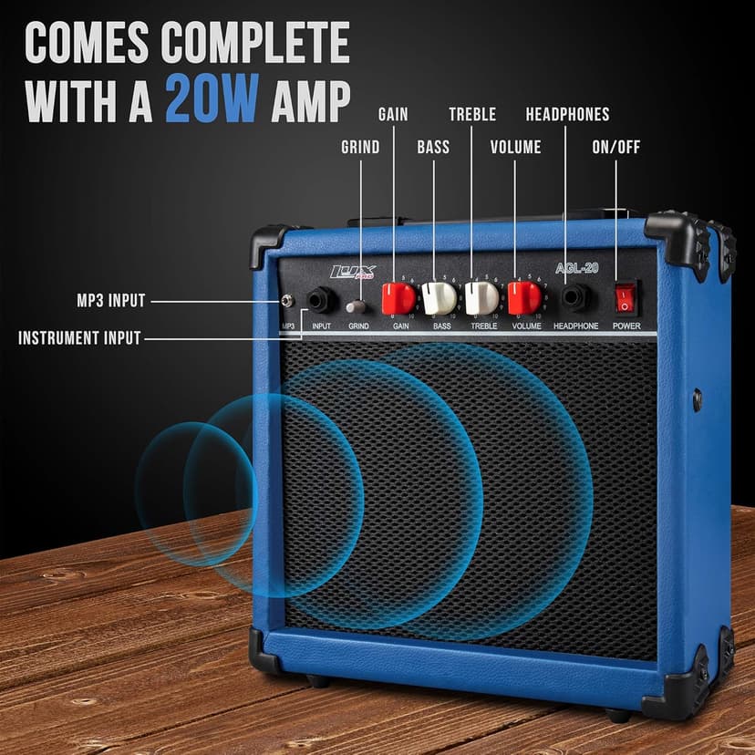 LyxPro Left Hand 39 Inch Electric Guitar and Starter Kit for Lefty Full Size Beginner’s Guitar, Amp, Six Strings, Two Picks, Shoulder Strap, Digital Clip On Tuner, Cable and Soft Case - Blue