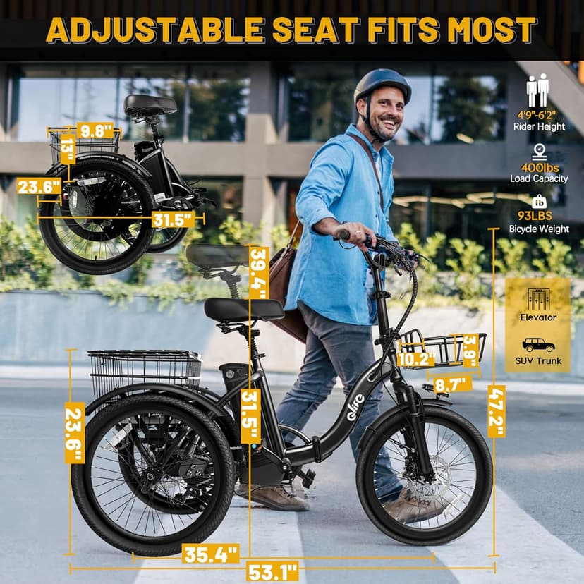 Qlife Triker Electric Bike, Peak 750W/1200W Brushless Motor Folding Trike Ebike, 499Wh Removable Battery, Step-Thru 3 Wheel Electric Bicycle, Up to 55 Miles, 20 Tire Tricycle for Adults