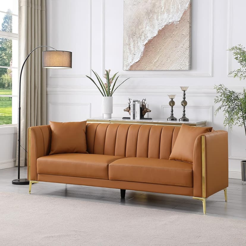 FOTOSOK 78'' Couch Sofa, Modern Leather Couches for Living Room, Comfy, Faux Leather Sofa 3 Seater Sofa with 2 Throw Pillows and Gold Metal Legs, Deep Seat Sofas (Brown)
