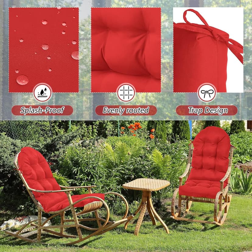 Geelin 4 Pcs Outdoor Patio Chair Cushion Thick High Back Adirondack Chair Cushion Tufted Weather & Fade Resistant Anti-Slip Outside Rocking Chairs Pads with Ties, 44 x 19 x 4 Inch (Red)