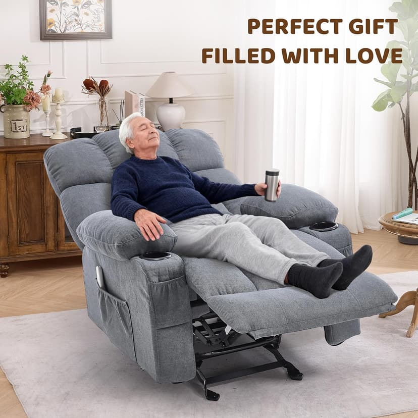 Massage Rocking Recliner Chair, Ergonomic Recliners Sofa with Vibration Massage & Heat, Rocking Chair Nursery Chair for Living Room Lounge with 4 Pockets, 2 Cup Holders, USB Charge Port, Grey