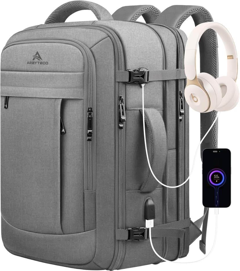 Carry On Backpack, 50L Extra Travel Laptop Backpack for Men Women, Big Bag Business Travel Essentials Gifts for men, 17 Inch Laptop Backpack Computer Bag Gifts for Him Men, Grey