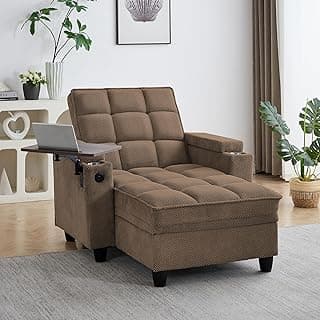 41.7" Oversized Chaise Lounge Chair Indoor, Boucle Upholstered Sofa Bed with Adjustable Backrest, Deep Seat Reading Chair, Sofas Couches for Living Room, Storage, Cup Holders & 360° Swivel Side Table