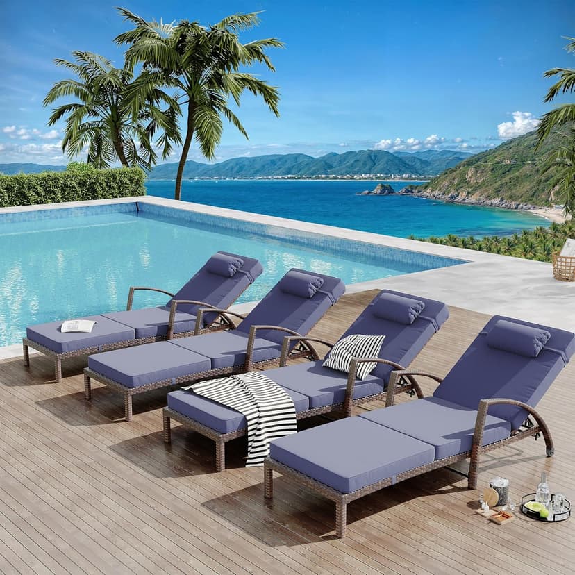GarveeLife 2-Piece Rattan Patio Folding Chaise Lounge, 5-Position Adjustable Backrest Outdoor Lounge Chair with Cushion and Pillow for Poolside, Backyard, Deck, Porch, Blue