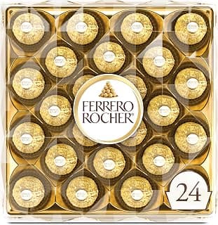 Individually wrapped hazelnut chocolate, gourmet chocolate candy for gifting a sweet treat or snacking Ferrero Rocher Chocolate Candy, Hazelnut Milk Chocolates, 24 Ct, 10.6 oz B002Y1Z80U
