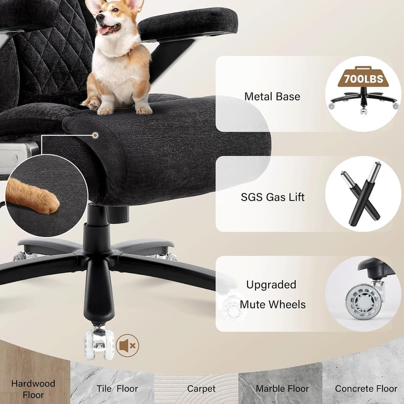 Fabric 700lbs Big and Tall Office Chair, Ergonomic Heavy Duty Executive Cloth Office Chair with 5D Flip Arms & Adjustable Lumbar Support & Dual Rubber Wheel, Large Thick Padded Extra Wide Seat, Black