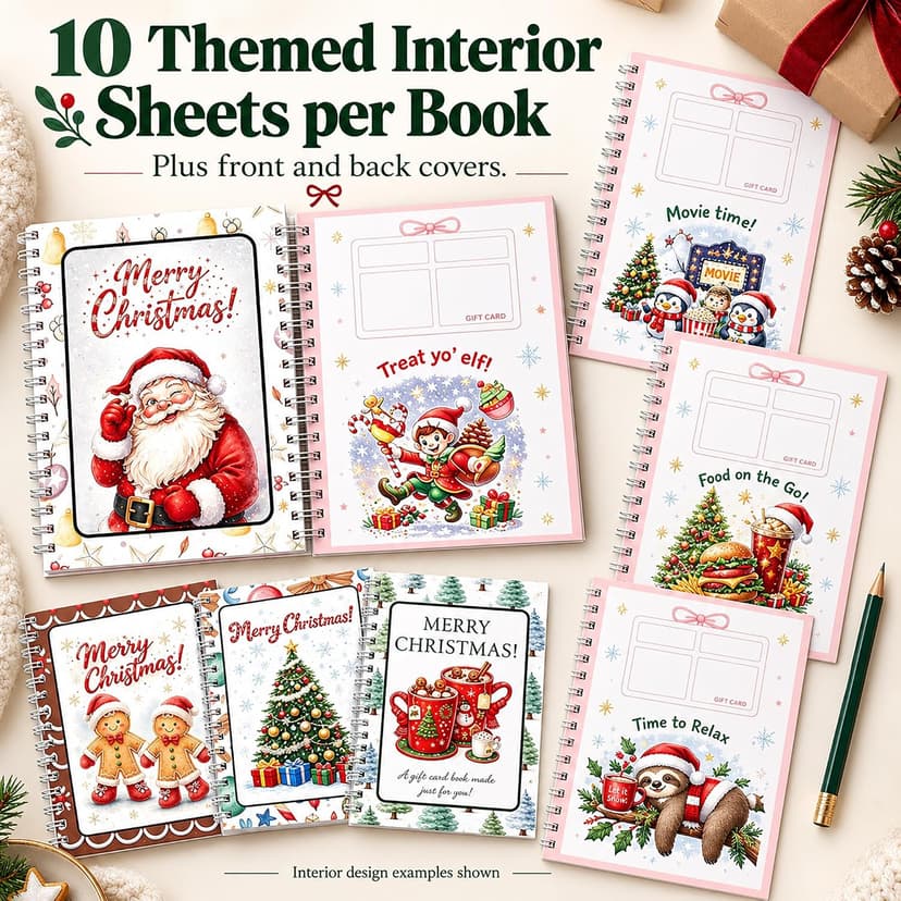 4 spiral-bound Christmas gift card books in 4 designs; each has 10 interior sheets plus front and back covers. DOTH Christmas Gift Card Book, 4 Pack, Spiral Bound for Holiday Gift Giving B0HJCRRFKL