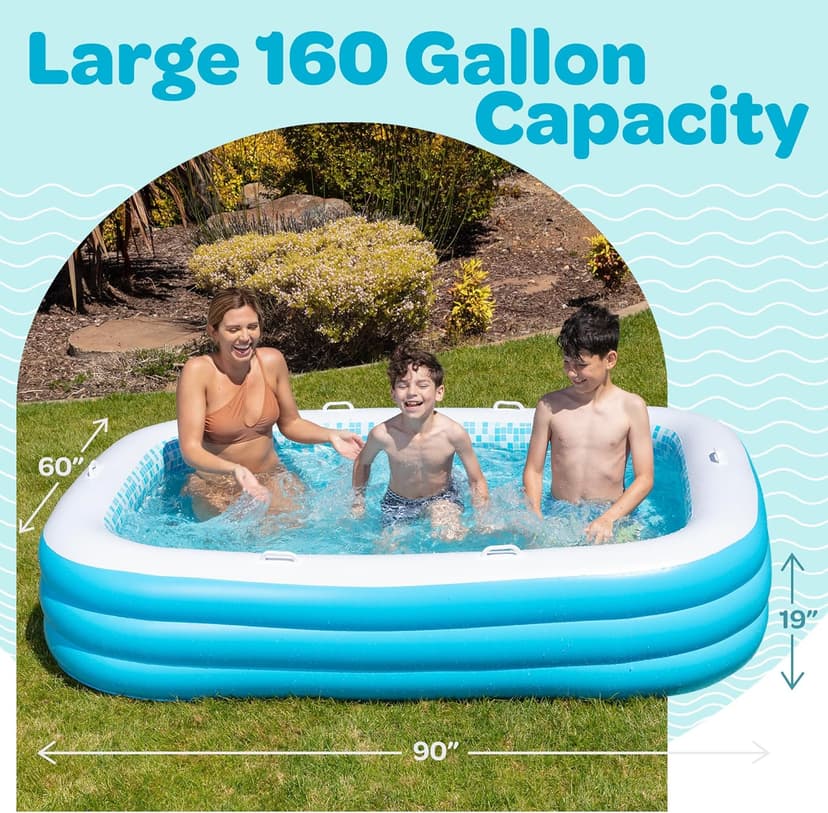Premium Large Inflatable Pool with Soft Floor, Handles and Drain for Adults and Kids, 90"x60"19" Durable Blow Up Outdoor Swimming Pool for Backyard, Summer Gift, Family Size Kids Pool