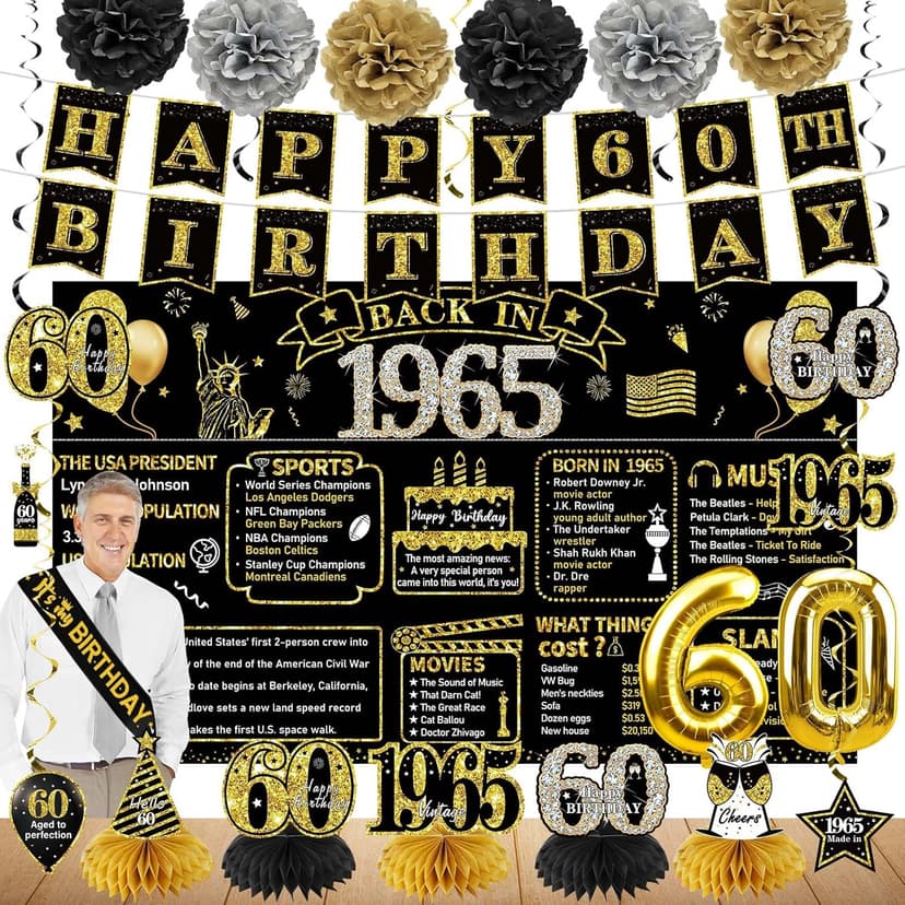 Zirtorei 60th Birthday Decorations for Men, 21pcs Vintage 1965 Banner Party Supplies, Black Gold 60 Year Old Birthday Backdrop, 60 Birthday Honeycomb Centerpiece Hanging Swirls Balloon Sash Gifts