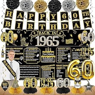 Zirtorei 60th Birthday Decorations for Men, 21pcs Vintage 1965 Banner Party Supplies, Black Gold 60 Year Old Birthday Backdrop, 60 Birthday Honeycomb Centerpiece Hanging Swirls Balloon Sash Gifts