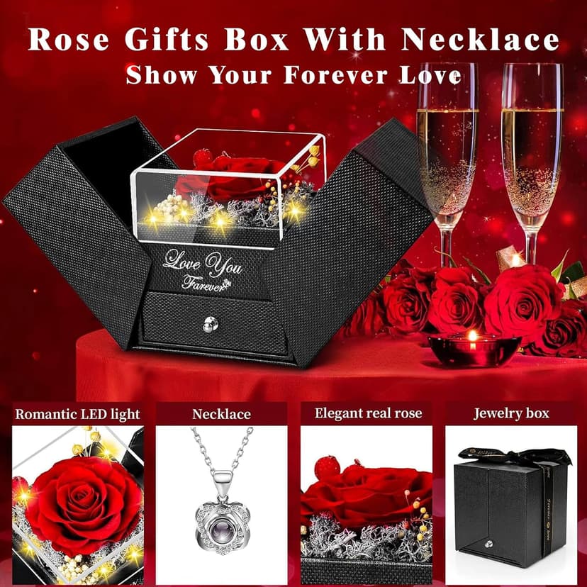 Preserved Red Real Rose with Heart I Love You Necklace -Eternal Flowers Rose Birthday Gifts for Women Her Mom Wife Girlfriend Grandma on Valentines Mothers Day Christmas Anniversary Romantic-Red