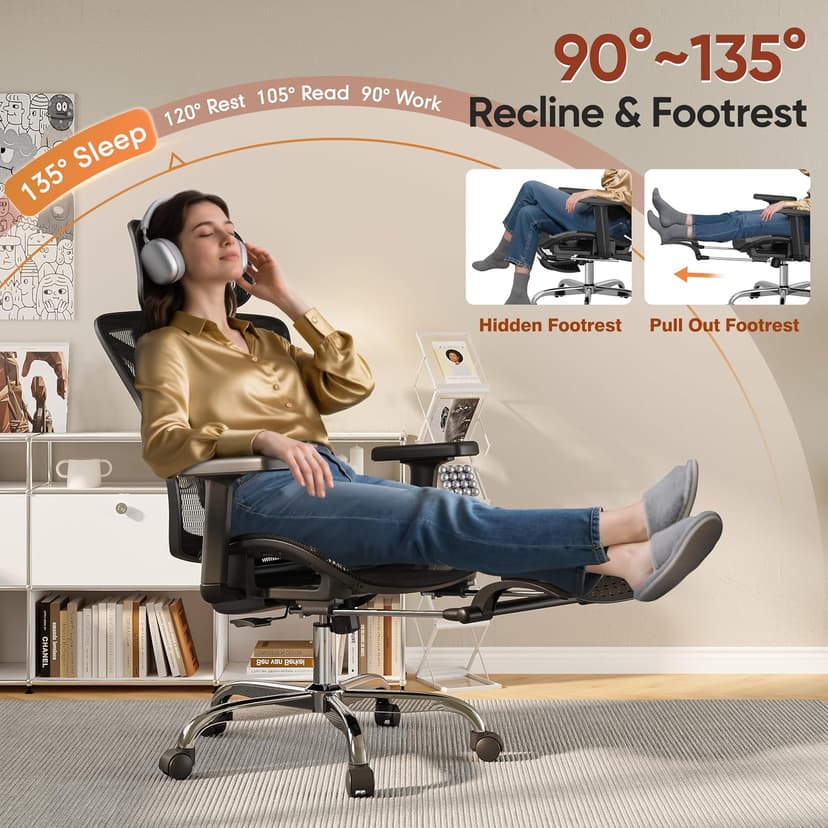 Ergonomic Office Chair with Footrest, Desk Chair Comfy with 3D Adjustable Lumbar Support & Arm & Headrest, 4 Gear 90°-135° Tilt, Wide Air Mesh Seat, Heavy Duty Class-4 Gas Lift, Computer Gaming Chair