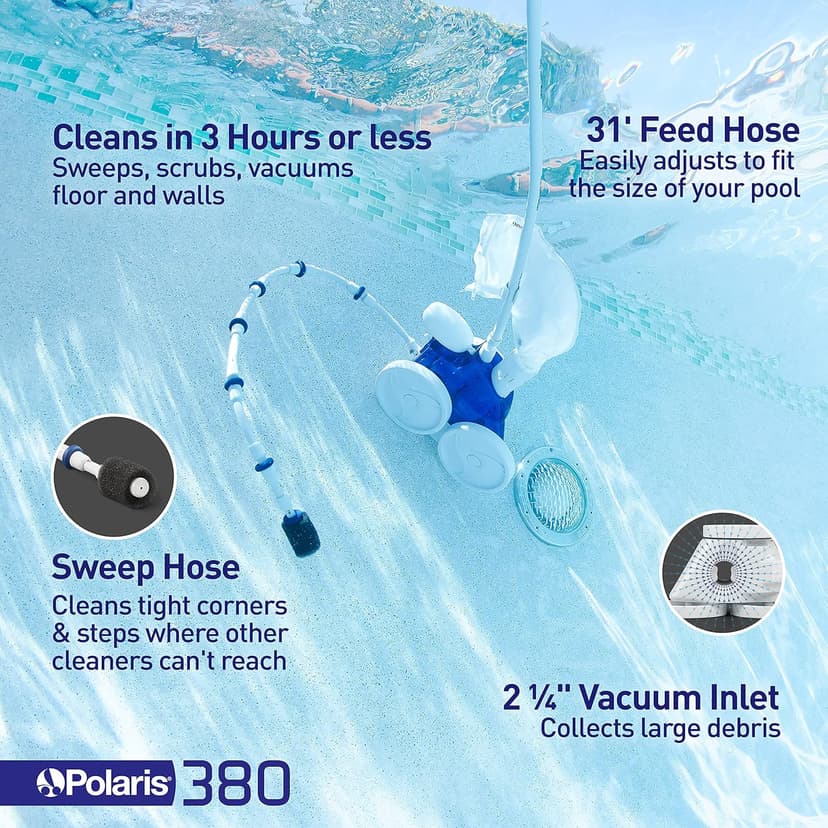 Polaris Vac-Sweep 380 Pressure Inground Pool Cleaner, Triple Jet Powered, 31ft of Hose with a Single Chamber Debris Bag
