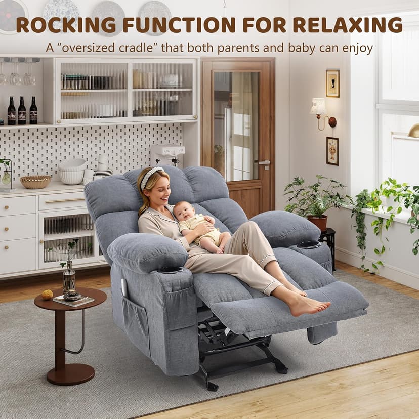 Massage Rocking Recliner Chair, Ergonomic Recliners Sofa with Vibration Massage & Heat, Rocking Chair Nursery Chair for Living Room Lounge with 4 Pockets, 2 Cup Holders, USB Charge Port, Grey