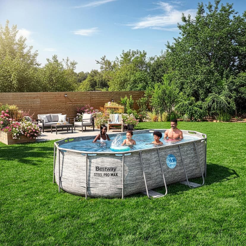 Bestway Power Steel Swim Vista 14’ x 8'2" x 39.5” Above Ground Pool, Oval Metal Frame Outdoor Swimming Pool Set with Filter Pump, Ladder, and Cover