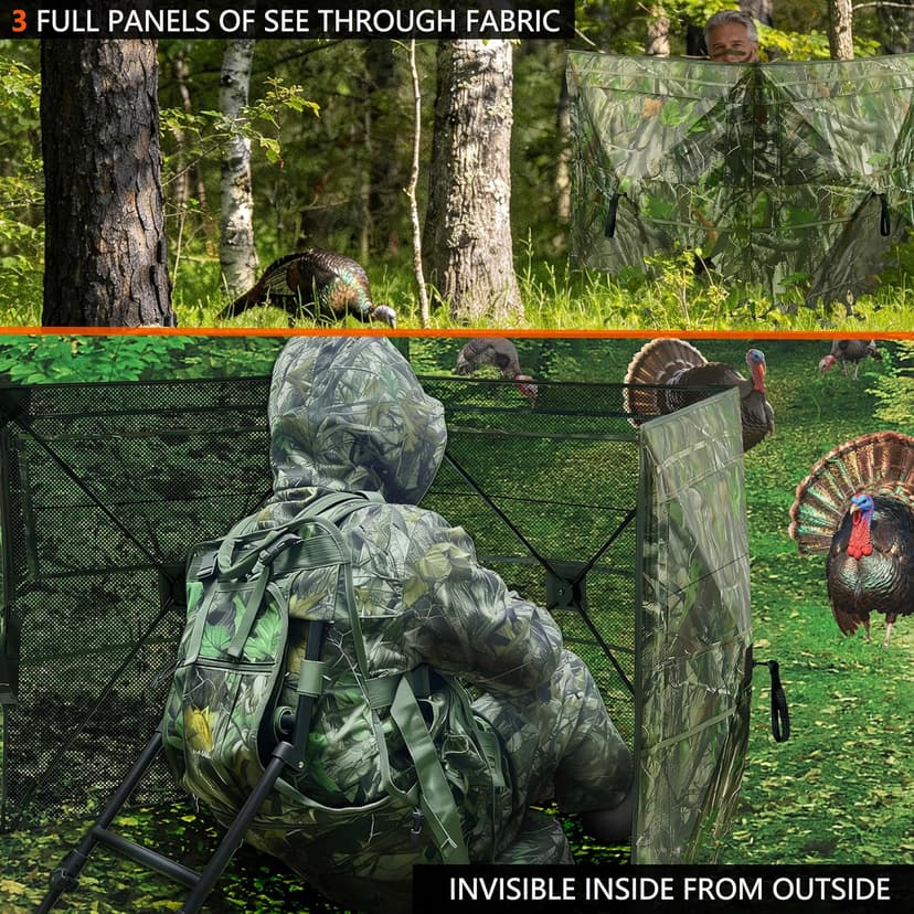 Hunting Blind for Turkey, 3-Panel See-Through Turkey Blind, Full 360° Visibility Pop Up Ground Blind
