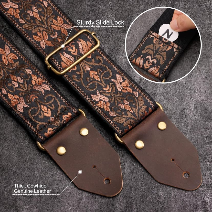 Nefelibata Guitar Strap,Jacquard Embroidery Cotton Guitar Straps with Crazy Horse Leather Ends for Bass, Electric & Acoustic, Best Gifts for Kids, Guitarists(Embroidered Gold Flower)