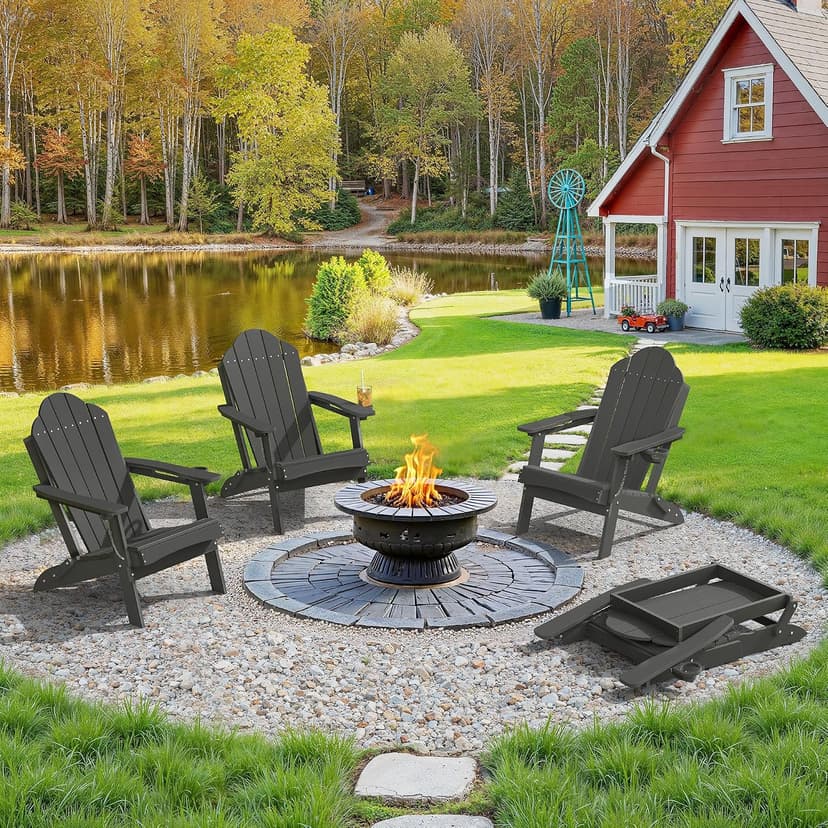 LUE BONA Folding Adirondack Chair, Chairs Set of 4, Cup Holder, Woodgrain, Fire Pit, Patio, Pool, Black