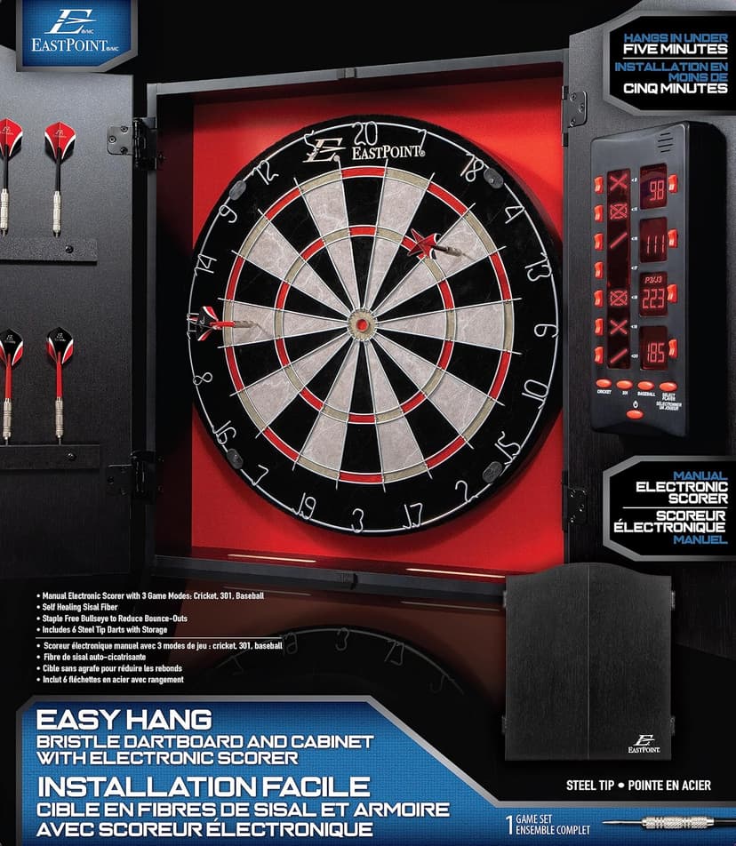 EastPoint Sports Tournament Bristle Dartboard and Easy Hang Cabinet with Electronic Scoreboard and 6 Steel Tip Darts