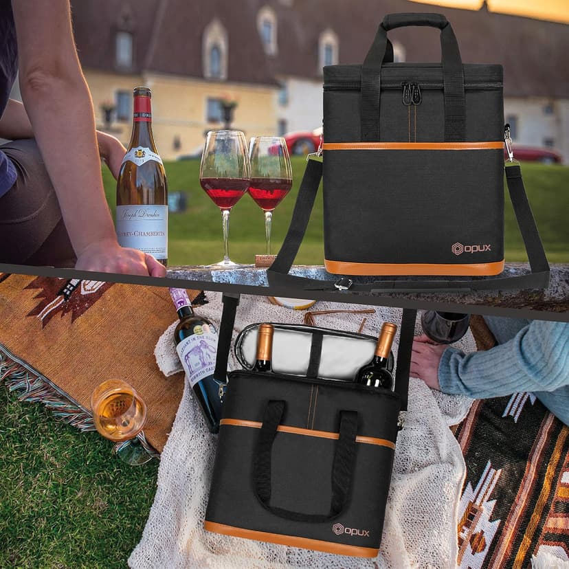opux 3 Bottle Wine Carrier Tote, Insulated Leakproof Wine Cooler Bag, Wine Travel Bag Tote for Picnic BYOB Beach, Portable Wine Bottle Carrying Case, Gift for Wine Lover Women Men Christmas, Brown