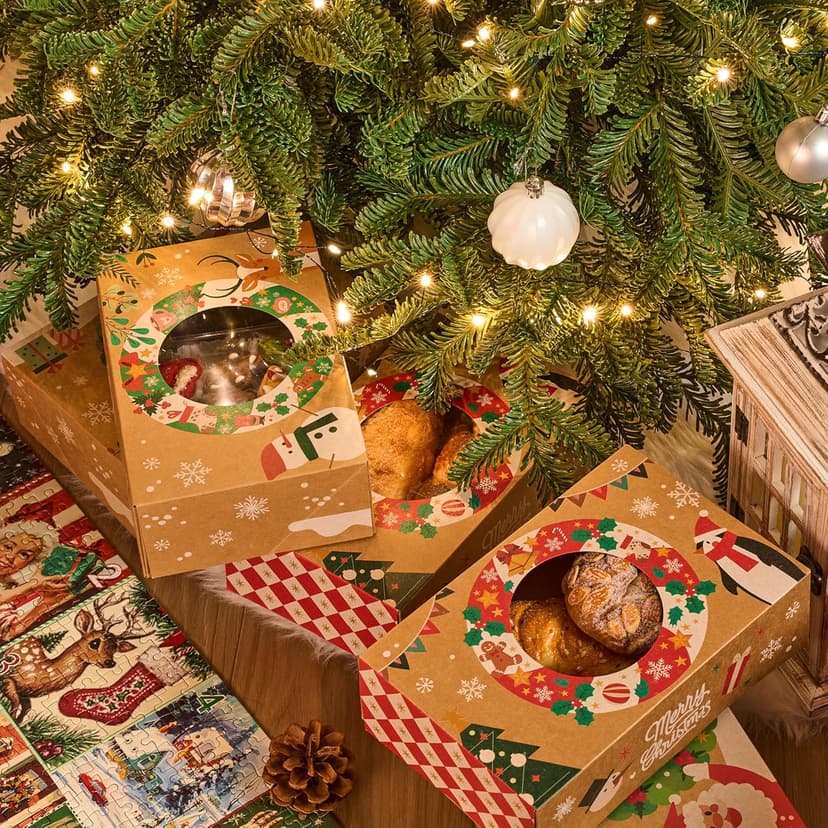 JOYIN 12PCS Christmas Cookie Boxes for Gift Giving, 8.75" x 5.75" x 2.75" Xmas Holiday Bakery Treat Boxes with Window, Kraft Cookie Tin Container Box for Baked Goods, Cupcake, Pastry, Candy, Brownies