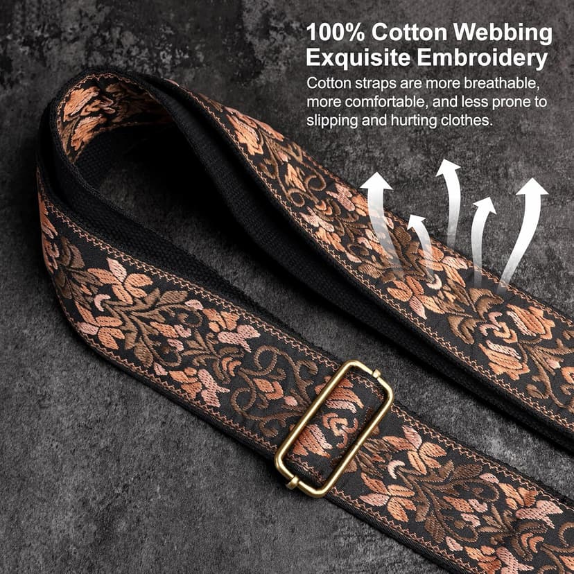 Nefelibata Guitar Strap,Jacquard Embroidery Cotton Guitar Straps with Crazy Horse Leather Ends for Bass, Electric & Acoustic, Best Gifts for Kids, Guitarists(Embroidered Gold Flower)