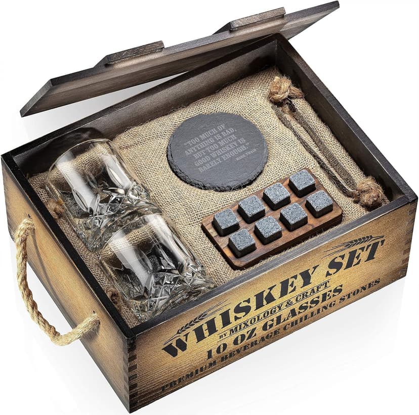 Mixology & Craft Whiskey Gift Set, Whiskey Glass Set with Rustic Wooden Crate, 8 Granite Whiskey Rocks Chilling Stones, 10oz Crystal Glasses | Great Holiday, Secret Santa or White Elephant Gift B08F7NRWQX